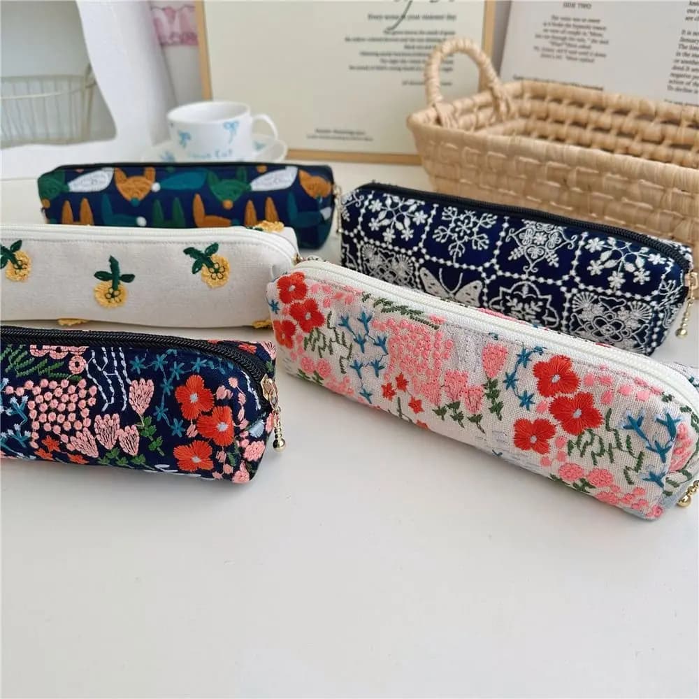 Astuccio Portapenne Ricamato con Fiori Dolci, Custodia da Scrivania con Stampa Floreale, Stile Etnico Coreano, Borsa per Penne per Studenti