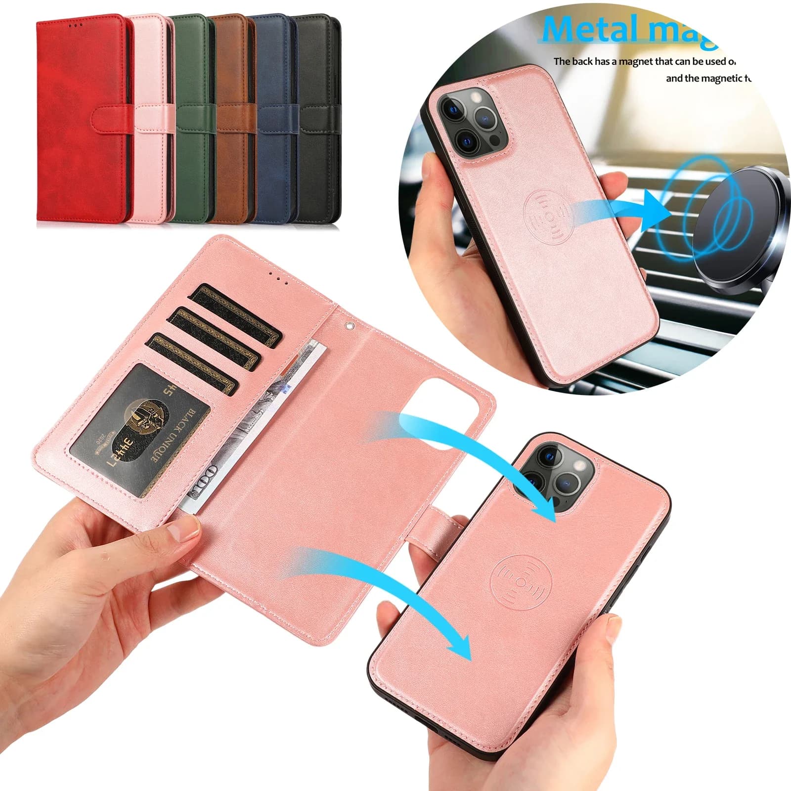 Custodia a portafoglio in pelle con vibrazione magnetica 2 in 1 per iPhone 16 Pro Max 14 15 Plus 13 12 11 17 Air SE 2022 Slot per scheda Cover staccabile