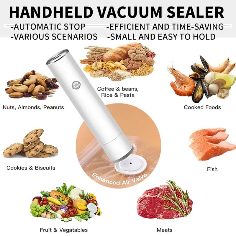 Sigillatrice sottovuoto portatile, viene fornita con 5 sacchetti per alimenti riutilizzabili con chiusura a zip per mantenere freschi frutta, verdura, carne e pesce.