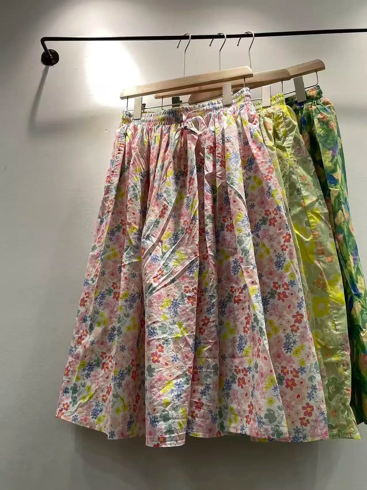 2026 Mori kei skirts Japanese style pure cotton original design elastic waist pink yellow green oil painting print long skirts