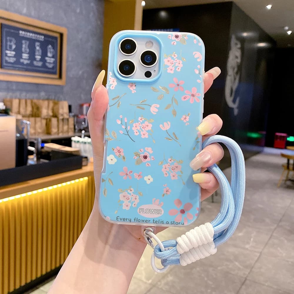 Wrist Strap 2 in 1 Phone Case For iPhoneXS XR X 7 817 11 13 12 14 15 16 Pro Max Plus 17 Air Simple Flowers With Lanyard Cover