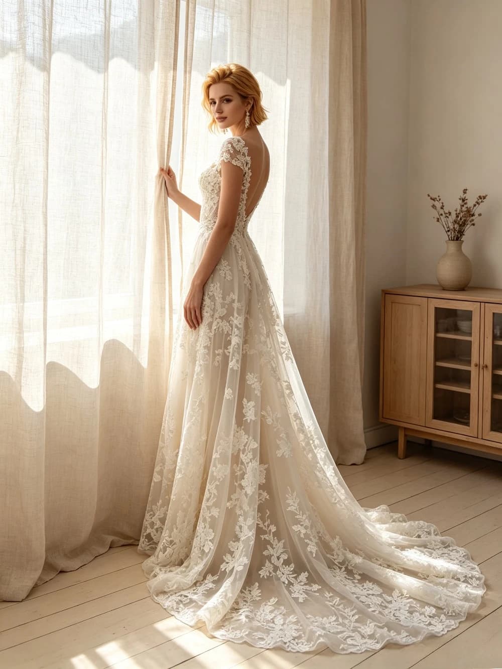 Customized Off Shoulder Lace Mermaid Wedding Dress V Neck Tulle Bridal Gown with Detachable Train Romantic Backless Bride Dress