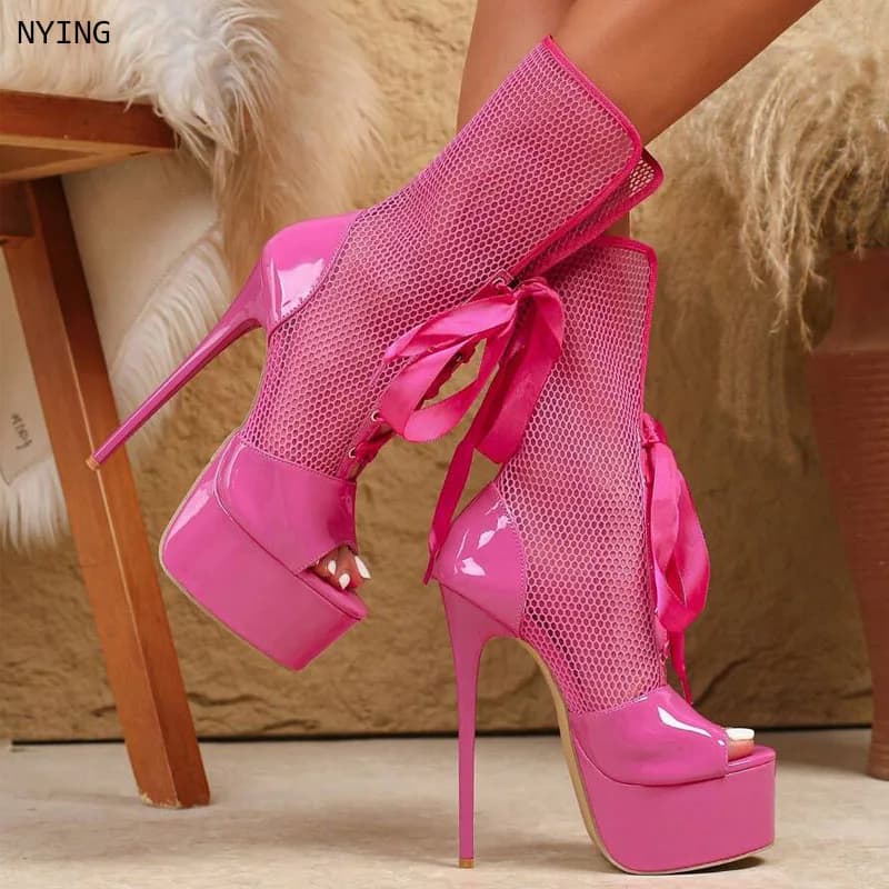 2026 Scarpe da sposa eleganti da donna per feste Sandali sexy con plateau in rete open toe Discoteca Stripper Tacchi 44