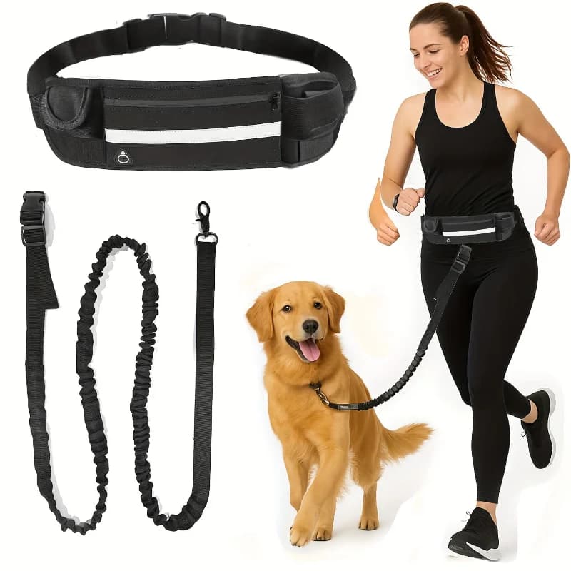 Guinzaglio per Cani a Mani Libere con Marsupio con Cerniera, Maniglia Doppia Spessa, Corda Elastica Resistente per Passeggiate, Jogging e Corsa