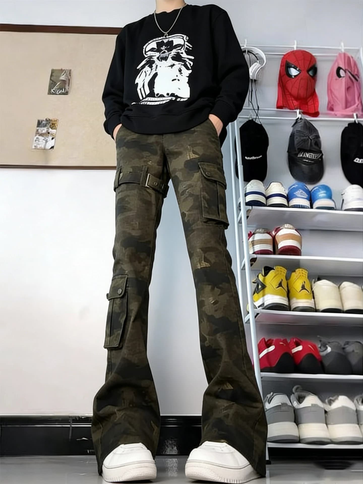 Jeans American Vibe a Vita Alta con Cintura, Pantaloni da Lavoro Trendy da Uomo, Stile High Street, Aderenti, Micro Svasati, Casual