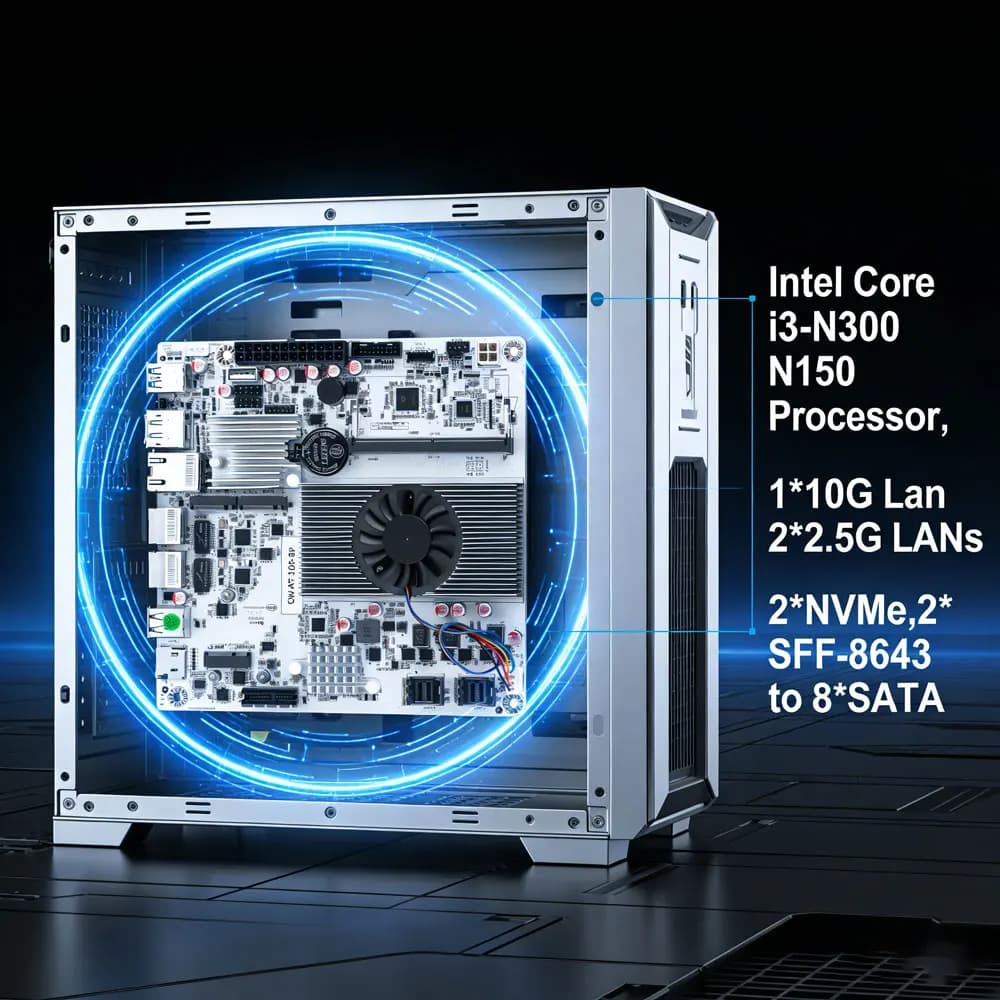 Scheda Madre Mini-ITX a 8 Bay con Intel Core i3-N300/N150, 1*10G, 2*2.5G LAN, 8 SATA per Home Server, NAS, Firewall, Virtualizzazione