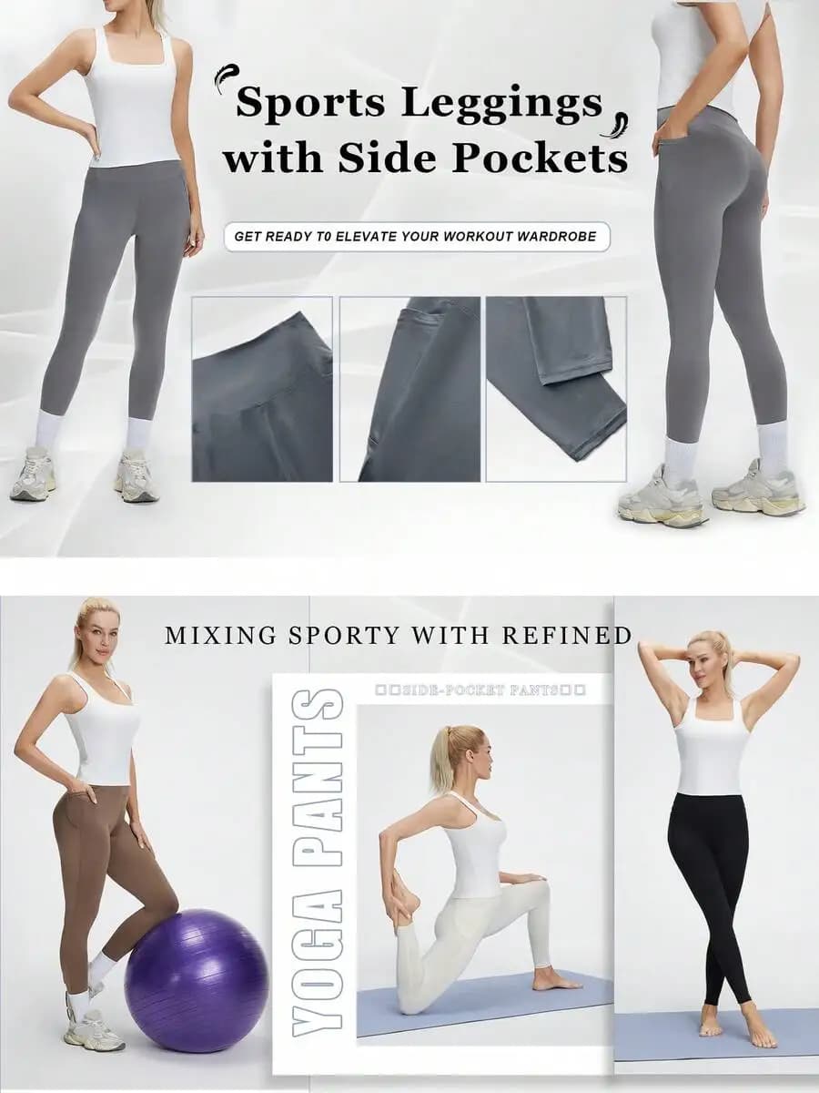 Leggings da yoga a vita alta con tasche laterali, pantaloni sportivi traspiranti elasticizzati in 4 direzioni per donna