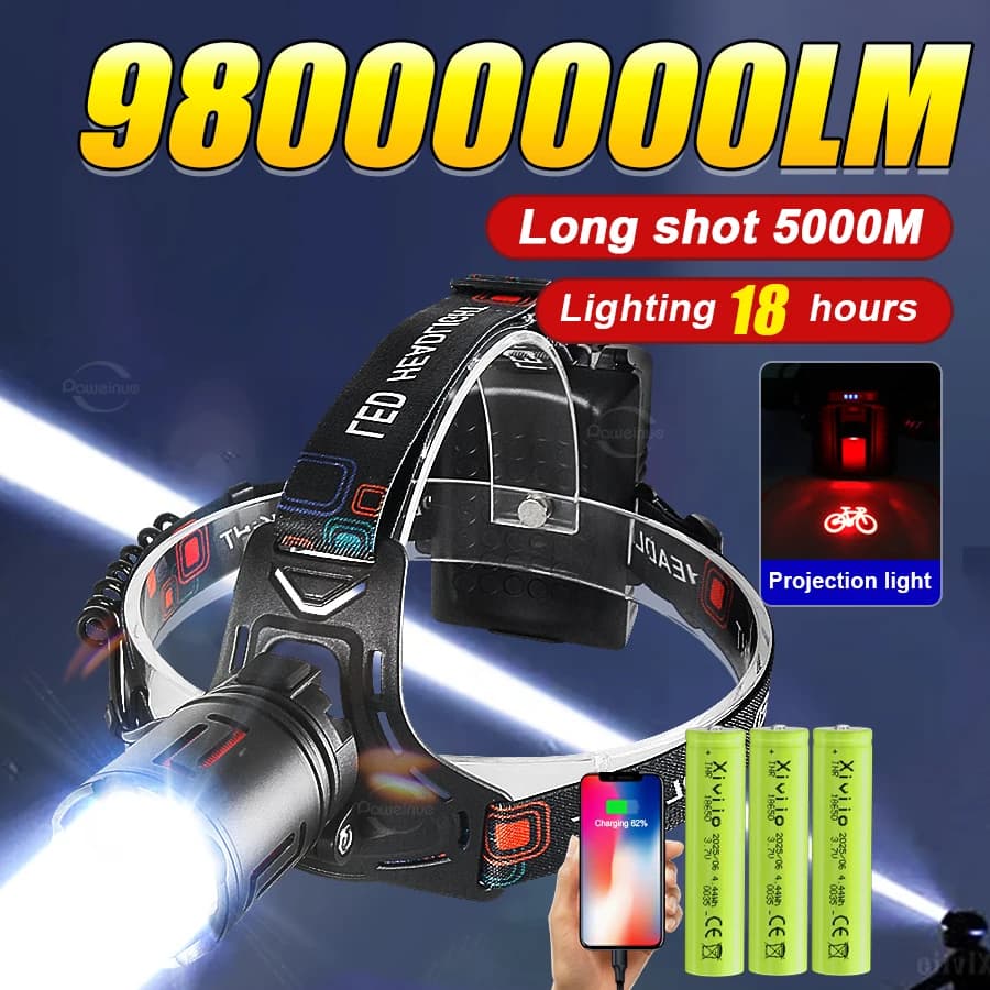 Potente Lampada Frontale LED 9800000LM, Torcia Ricaricabile a Lungo Raggio 5000M, Luce Frontale ad Alta Potenza per Esterni e Pesca