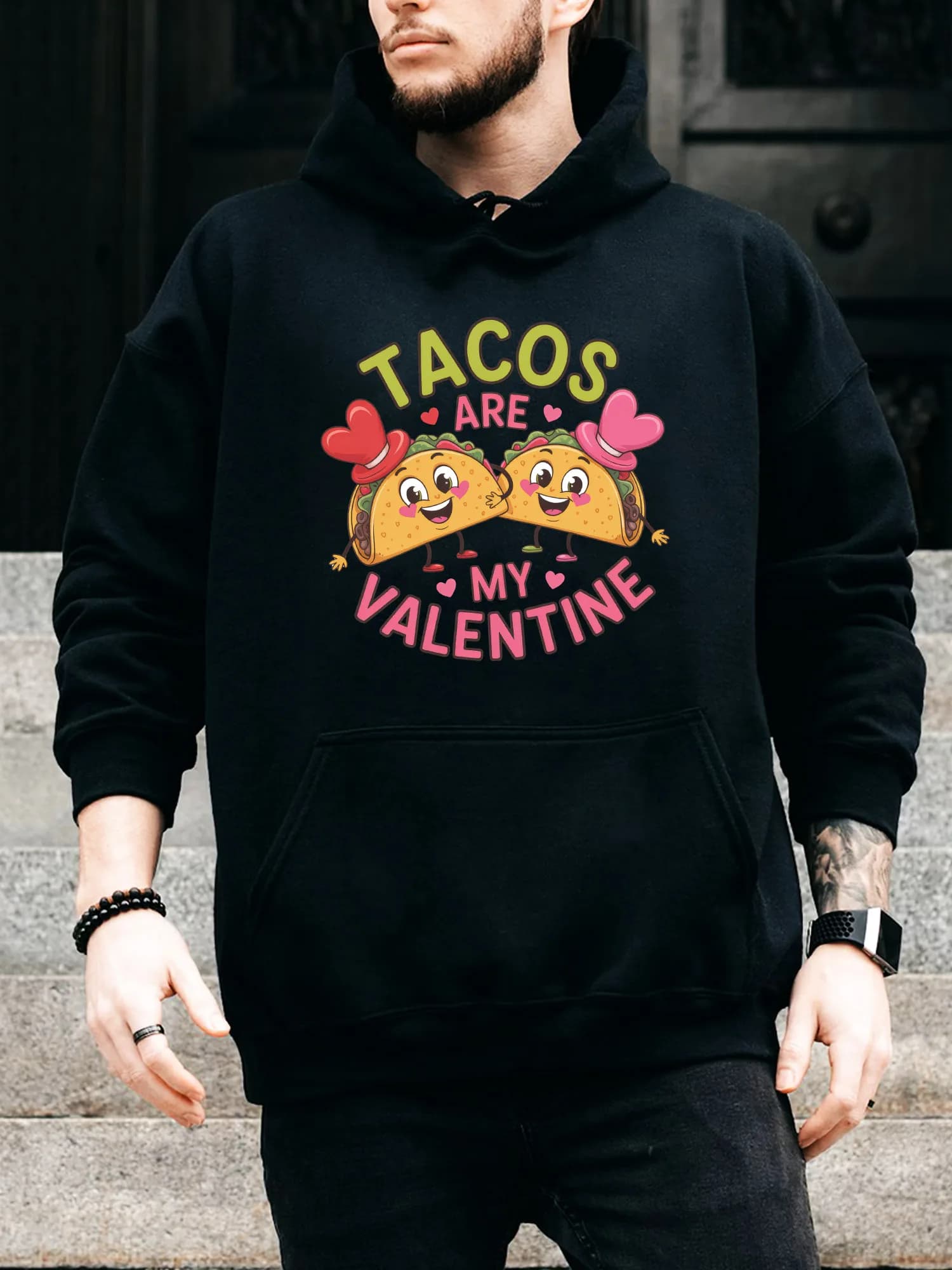 Felpa con cappuccio da uomo con coulisse Tacos Are My Valentine - Pullover nero casual e confortevole, felpa con cappuccio autunno e inverno
