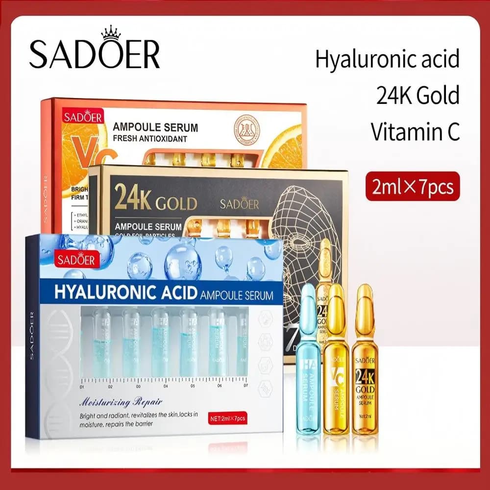 Set di 7 Fiale di Vitamina C - Acido Ialuronico, Nicotinamide, Oro 24K, Siero Viso Idratante, Sbiancante e Anti-Rughe