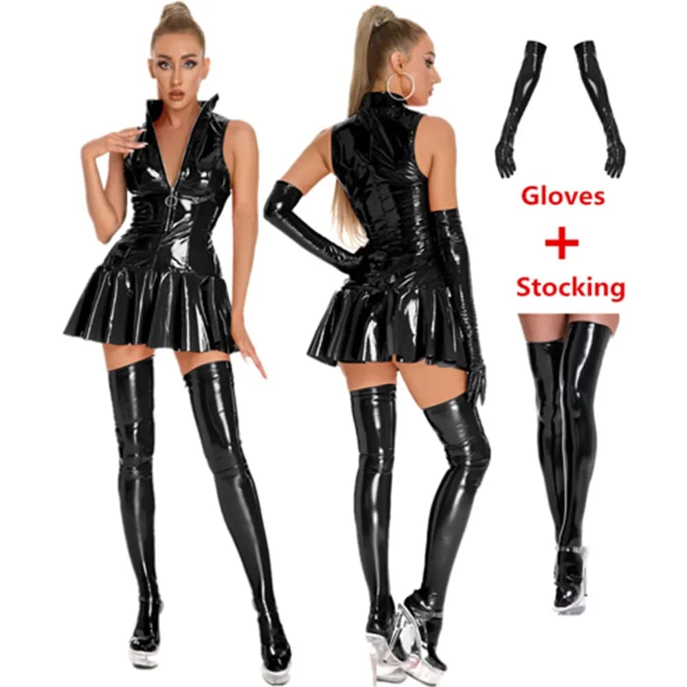 Abito da donna in pelle esotica effetto bagnato Abito aderente sexy in lattice pieghettato Collo alto senza maniche Mini abiti svasati sul fondo