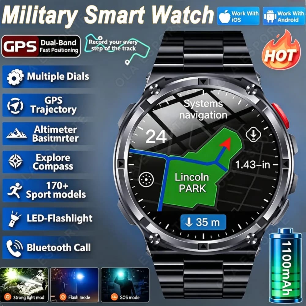 New 1100mAh Ultra Durable Smart Watch Men Outdoor Military GPS Compass 10ATM Waterproof HD Bluetooth Call Sports Smartwatch HW12