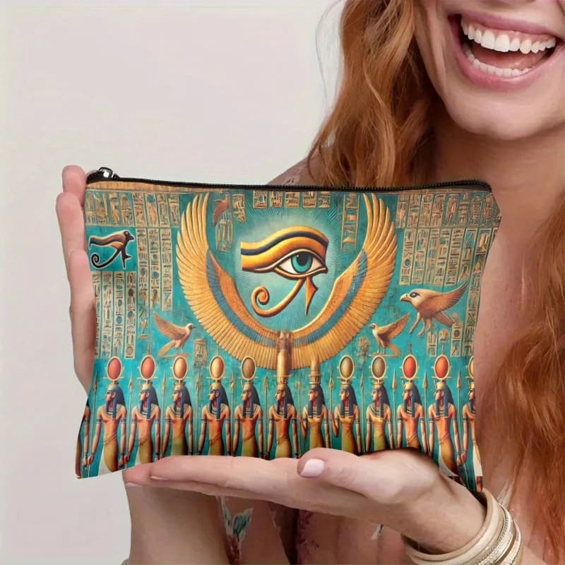 An Eye of Horus makeup bag with Egyptian mural painting: nice multifunctional case with zipper for woman, bag to store jewelry