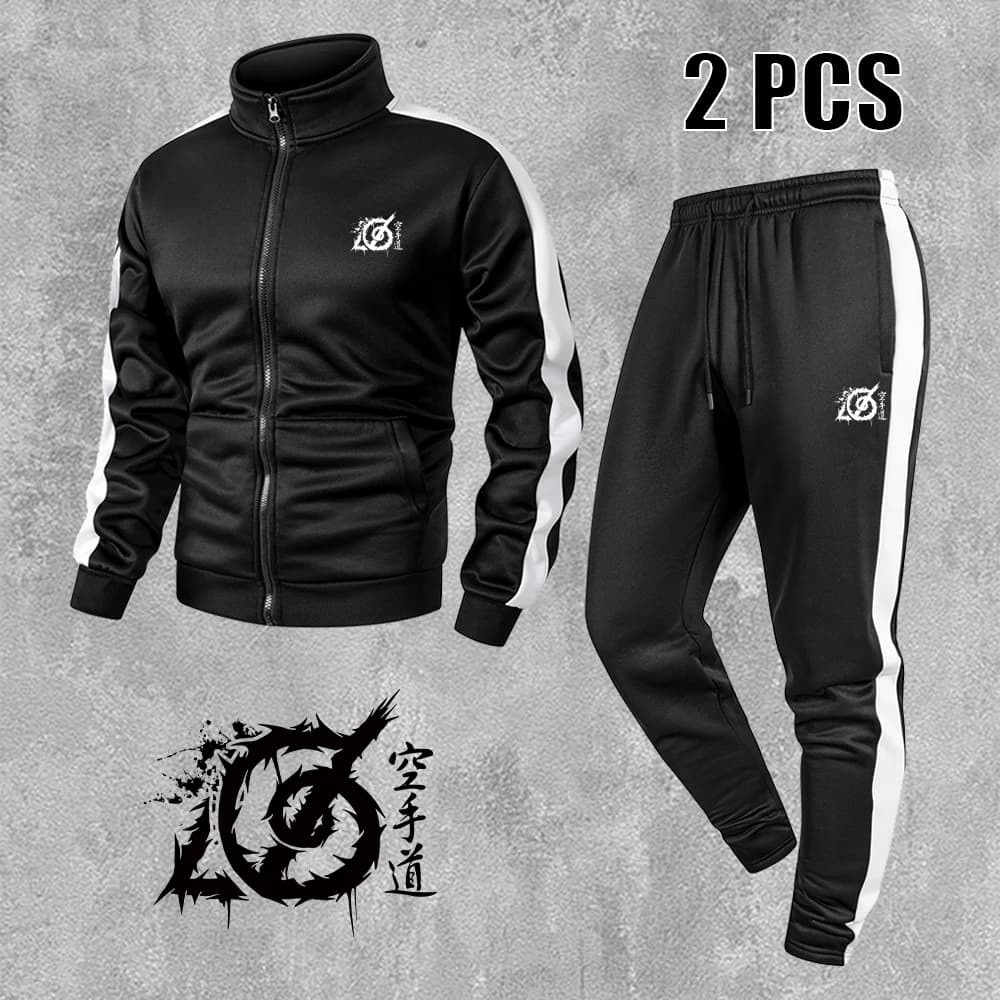 Men's Creative Karate Icon Print Sports Suit Zippered Stand Collar Jacket With Drawstring Trousers For Daily Fitness Training