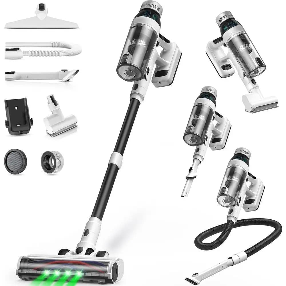 Aspirapolvere a Bastone Multifunzione 15-in-1 con Luce LED, Autonomia di 55 Minuti, Caricatore a Parete, Ideale per Peli di Animali su Pavimenti Duri e