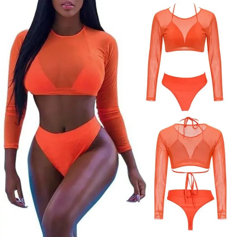 Costume da Bagno Traspirante Bikini a Maniche Lunghe Multicolore in Rete Tre Pezzi per Donna