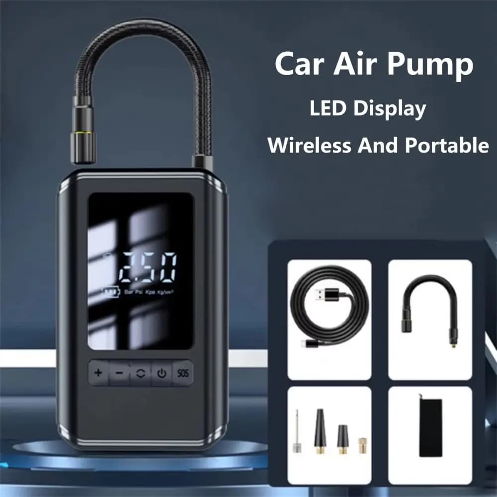 Pompa d'Aria Portatile Wireless per Auto, Ricaricabile USB con Luce LED, Gonfiatore Multifunzione per Moto con Display LED, Gonfiatore Pneumatici Auto