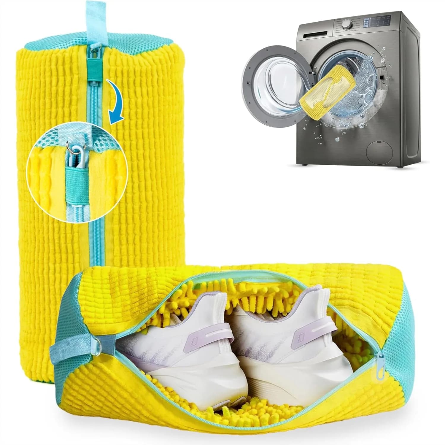 Sacchetto per lavaggio scarpe, confezione da 2 - Sacchetto riutilizzabile per lavaggio scarpe, per una pulizia profonda, rete resistente con cerniera, adatto a tutte le taglie (Giallo)