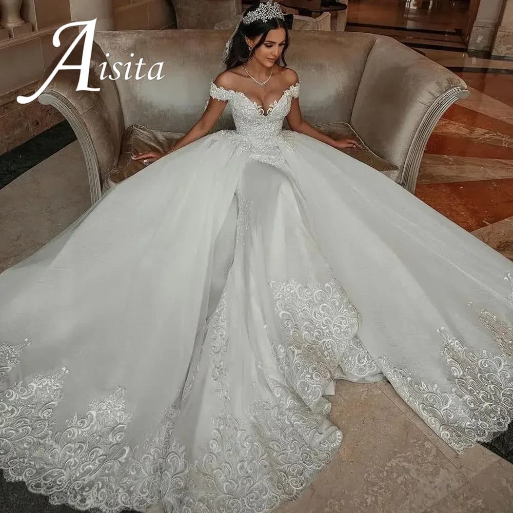 Abiti da sposa vintage in tulle a sirena Sweetheart con spalle scoperte Abiti da sposa applicati in pizzo sopra la gonna Vestido de novia