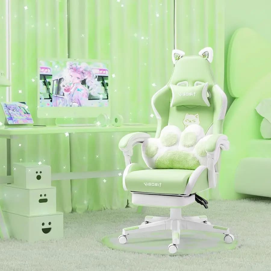 Sedia da gaming con orecchie di gatto per donne e ragazze, sedia da ufficio ergonomica in similpelle con poggiapiedi e cuscino a forma di zampa di gatto, reclinabile e girevole a 360°