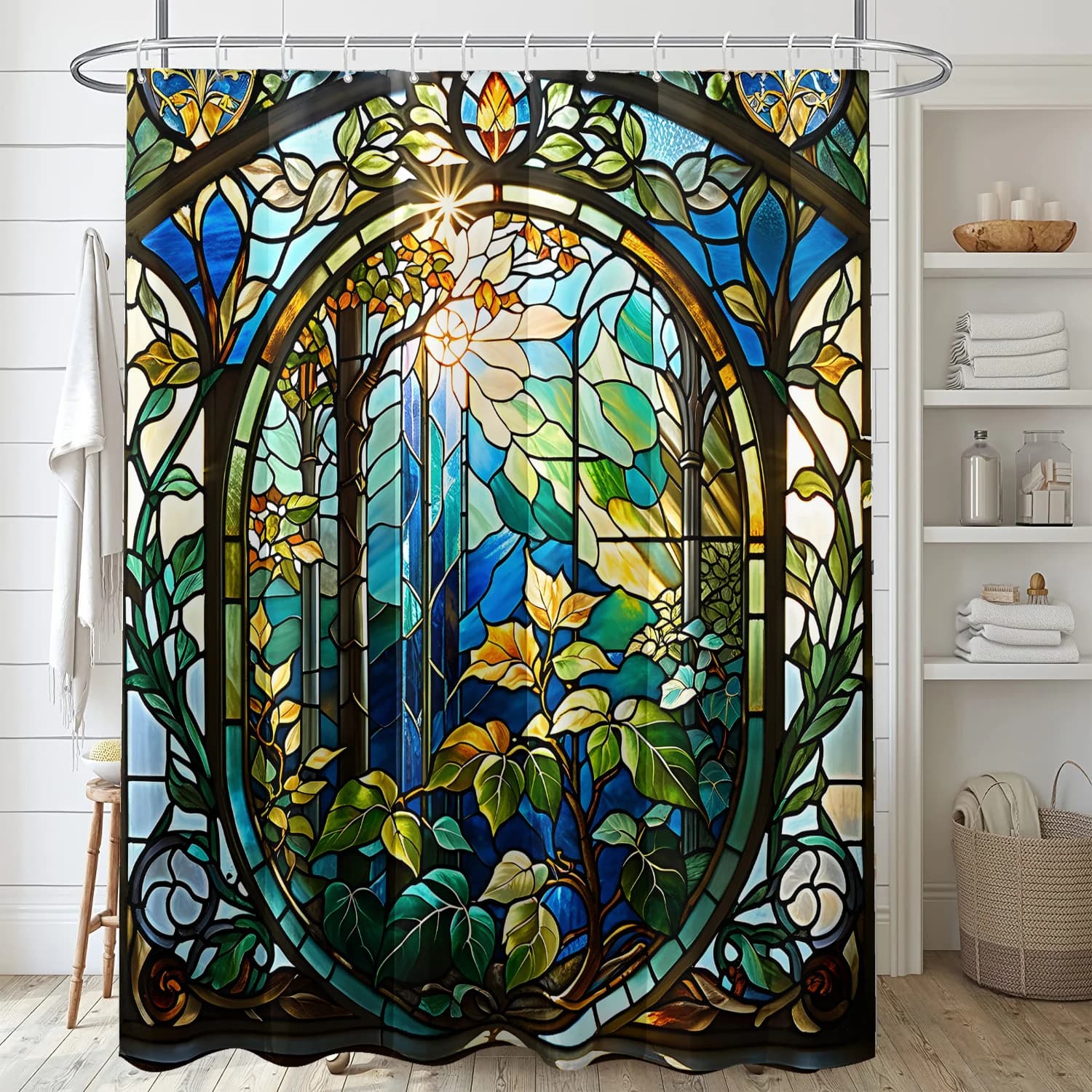 Vintage Art Nouveau Stained Glass Green Leaf Forest Sunlight Print Shower Curtain Waterproof Mildew Resistant With Plastic Hooks