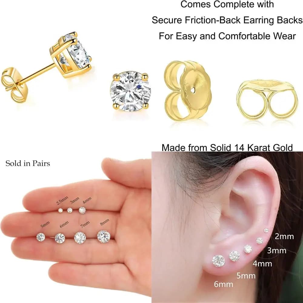 14k yellow gold solitary button earrings with round cubic zircons CZ with gold butterfly back for safe use