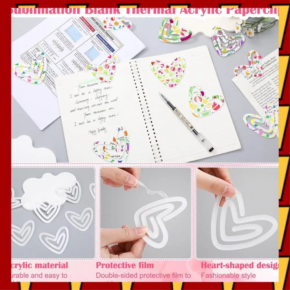 ABNP Confezione da 20 graffette per carta per sublimazione acrilica a forma di cuore, 3,1 x 2,7 pollici, mockup con clip vuote per disegni personalizzati