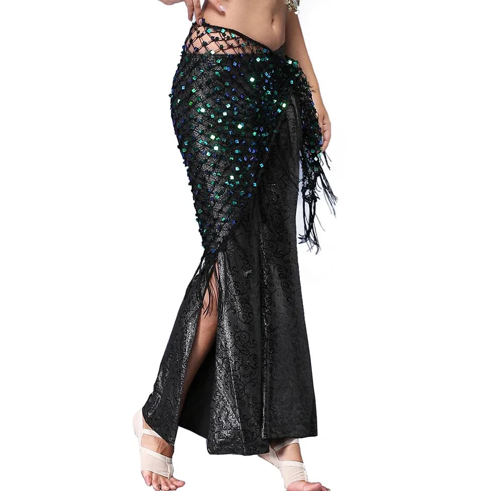 Green/Gold/Silver Belly Dance Accessories Shining Crochet Belt Sequins Hip Scarf Tassel Wraps for Bellydance Handkerchief