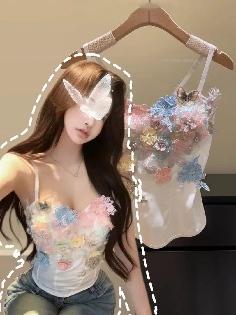 Pure Desire Embroidered Satin Slim Fit Strap Vest Women's Summer New Style Beautiful Sexy Top Korean Fashion Set Women's Wear