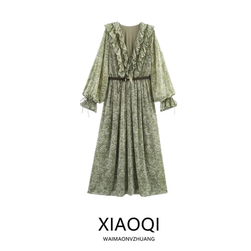 Spring 2025 Women's Long Sleeve V-neck Dress New Arrival Printed Layered Decoration Belt Commute Style Spring Summer Dress