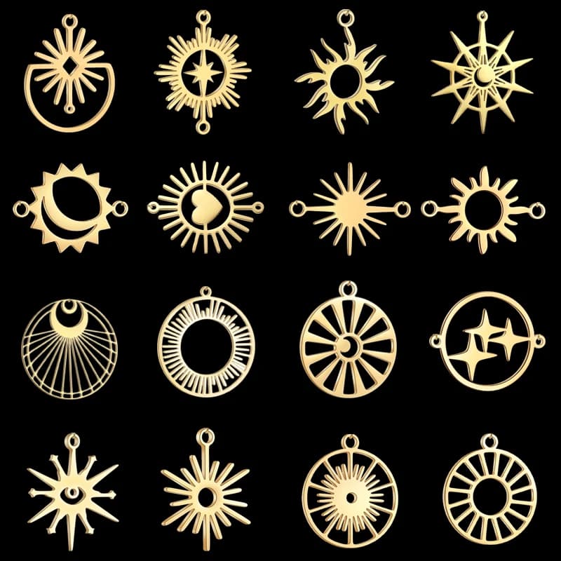 3 pezzi di ciondoli in acciaio inossidabile placcato oro con fiamma, fuoco, sole, collana fai da te, bracciale, orecchino, luna e stella, accessori per gioielli con ciondolo