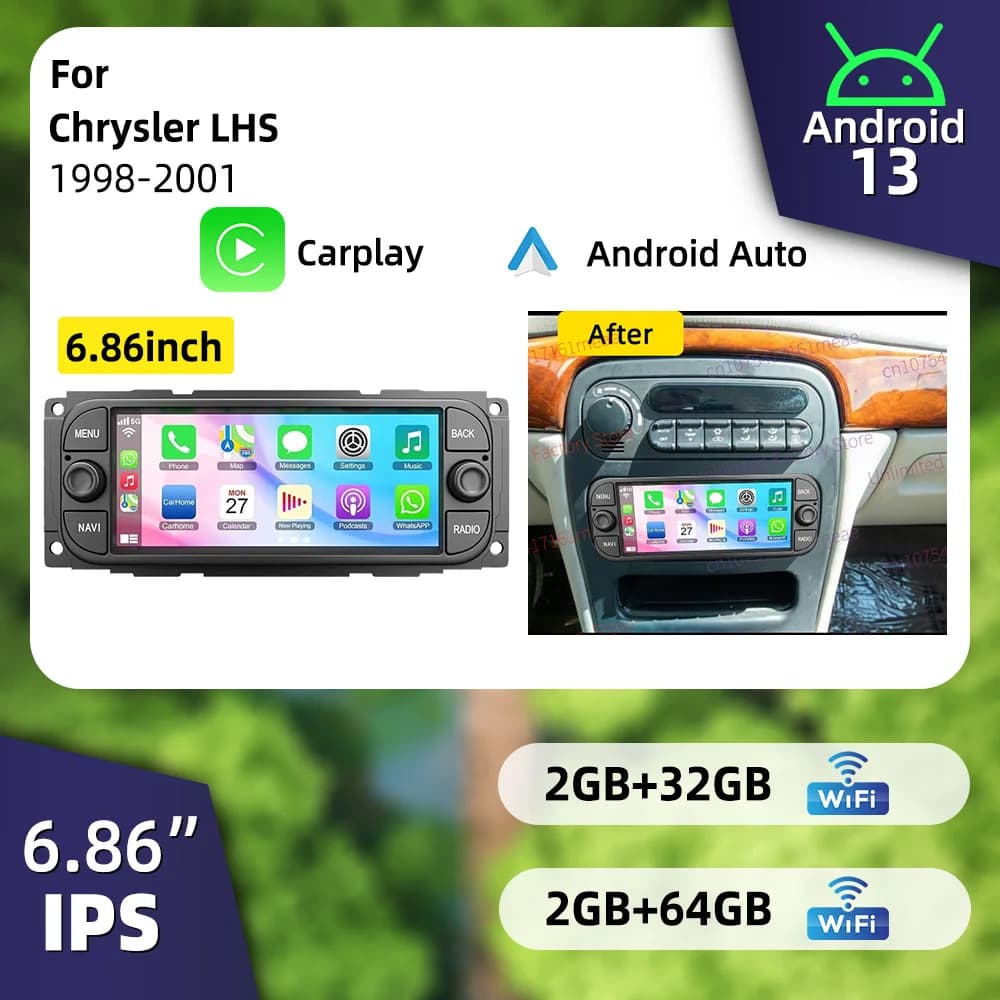 Autoradio Android 1 Din with Screen 6,86 Inch for Chrysler LHS 1998-2001, Carplay, GPS and Navigation