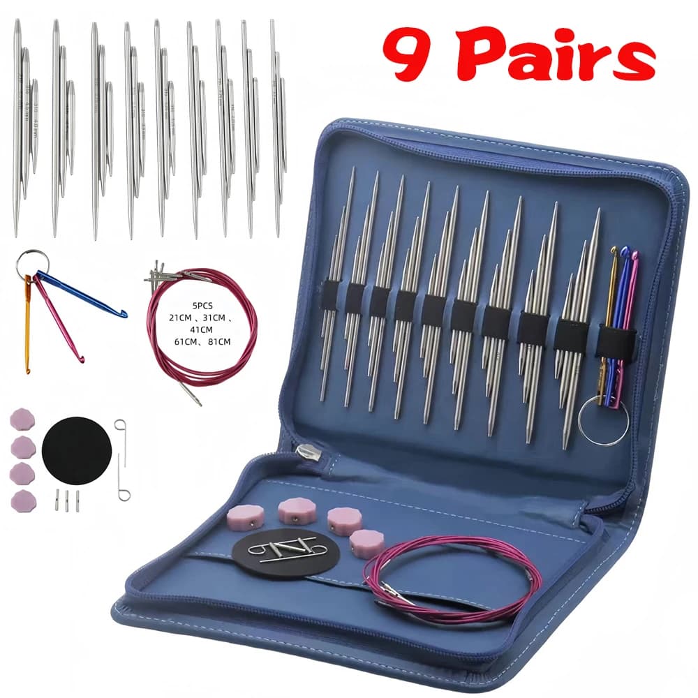 Set di ferri da maglia circolari intercambiabili con accessori 9 paia di ferri da maglia rotondi 5+8+11 cm, dimensioni da 2,5 mm a 4,5 mm