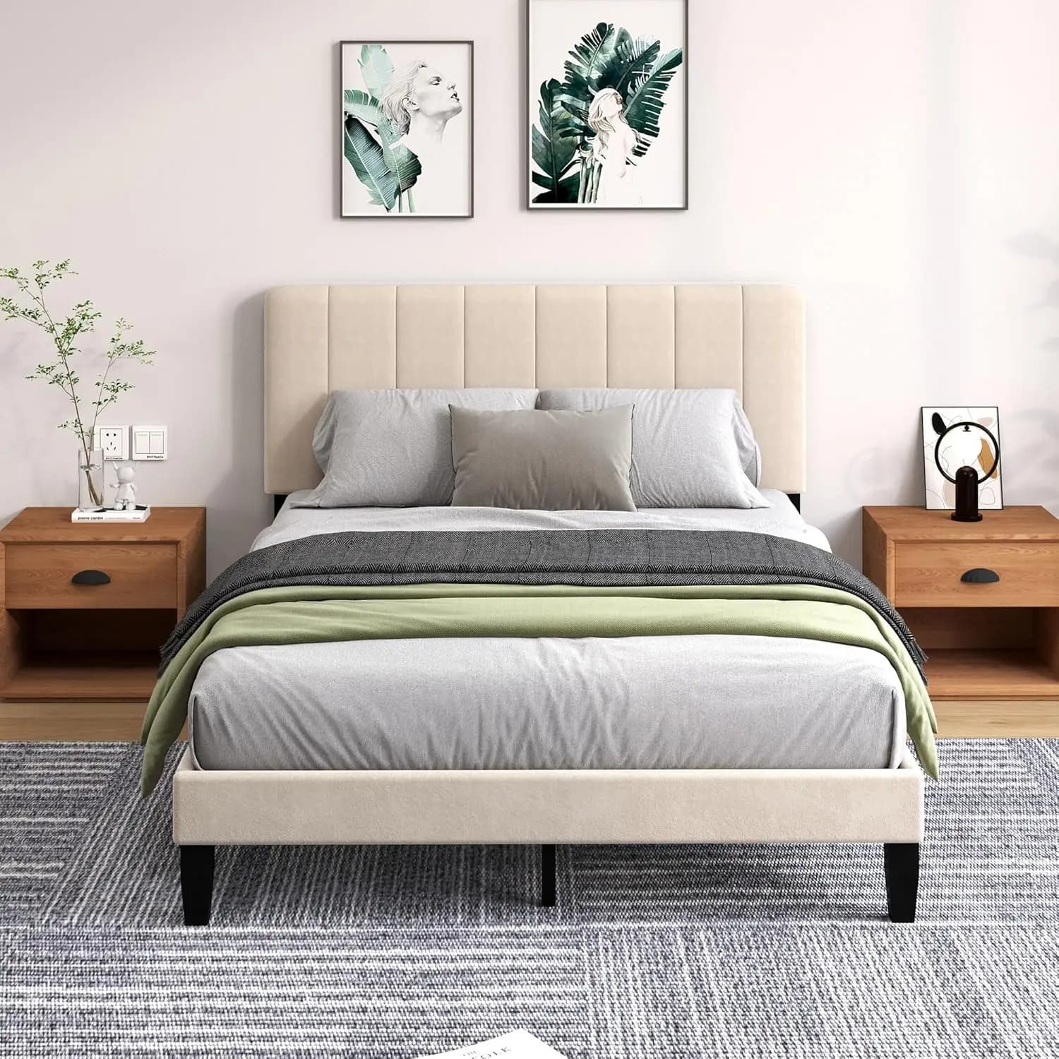 Velvet Queen Bed Frame With Headboard & Wooden Slats, No Box Spring Heavy Duty Foundation, Easy Assembly, Beige, Customized