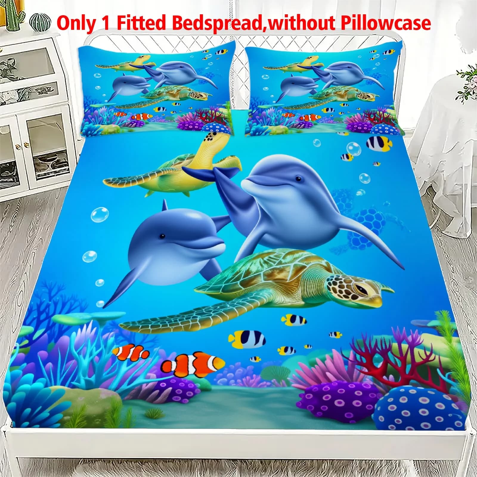 1 Pezzo Lenzuolo con Angoli Stampato 3D Delfino e Tartaruga Marina, Coprimaterasso Elastico con Tasche Profonde, Singolo, Matrimoniale, Queen, King, Decorazione Camera da Letto