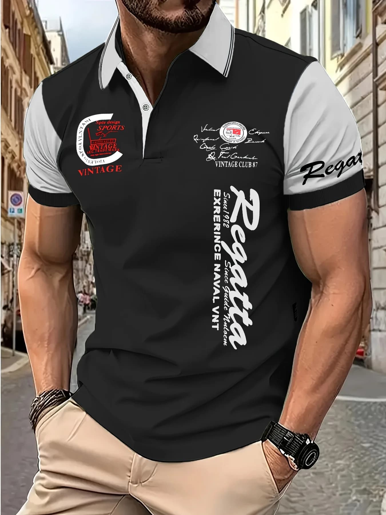 The New men's short-sleeved POLO Shirt For Summer 2026 Features A Casual And Fashionable 3D Letter Pattern Print On The Street