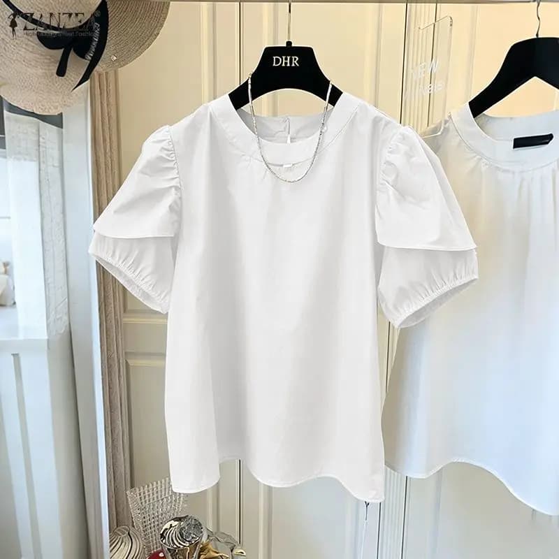 ZANZEA Camicette casual chic a maniche corte con maniche a sbuffo, scollo a O, tinta unita, top estivi alla moda, streetwear, blusas de mujer
