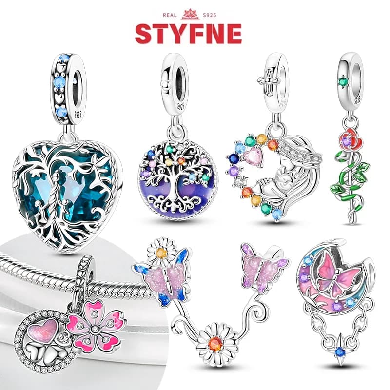 Vero argento S925 albero della vita colorato famiglia fiore charms cuore perline adatti braccialetti originali regali accessori di alta gioielleria fai da te