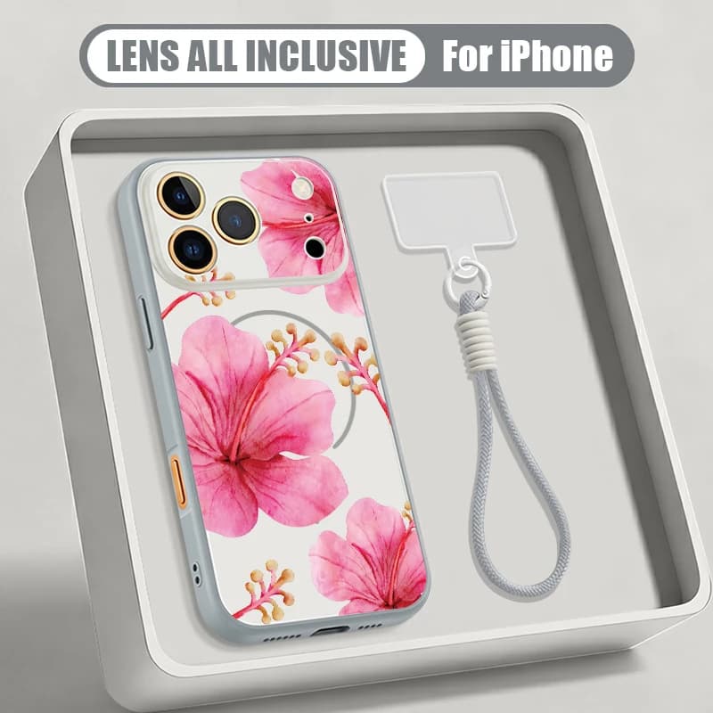 Custodia per telefono con laccetto magnetico e motivo floreale rosa per iPhone 17 Pro Max 16 15 14 13 Pro Max, compatibile con ricarica wireless MagSafe, cover rigida