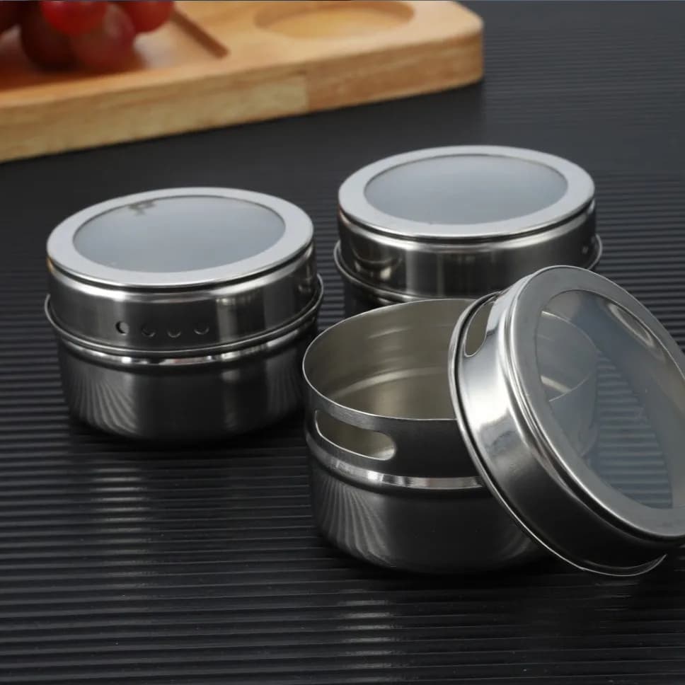 NUOVO 6 pz/set Barattolo di Spezie Magnetico di Latta con Cremagliera Contenitore di Salsa Spezie In Acciaio Inox Coperchio Trasparente Barattoli Condimento Da Cucina