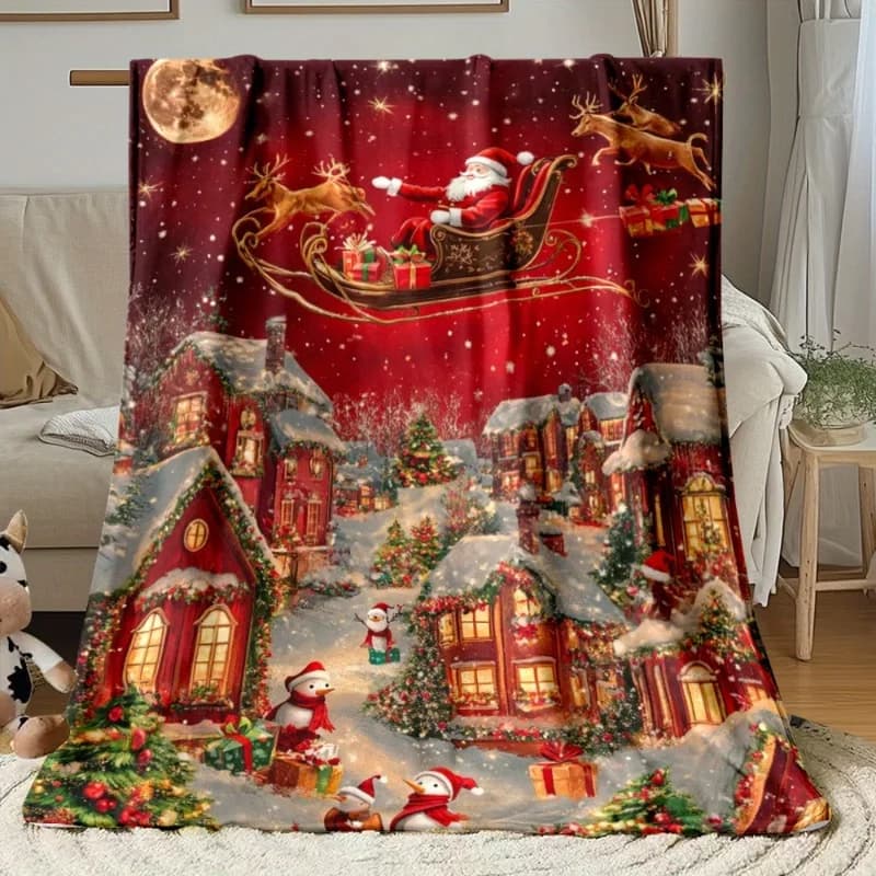 1pc Festive Santa Claus & Reindeer Night Scene Flannel Throw Blanket / Lightweight Soft & Warm HD Printed Fleece
