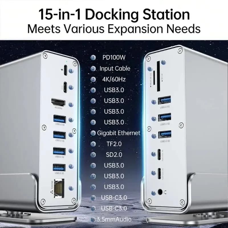 15 in 1 USB C HUB 4K HDMI Type C Docking Station wtih RJ45 1000M USB 3.0 PD 100W SD/TF Card Reader Audio 3.5 Adapters for Laptop