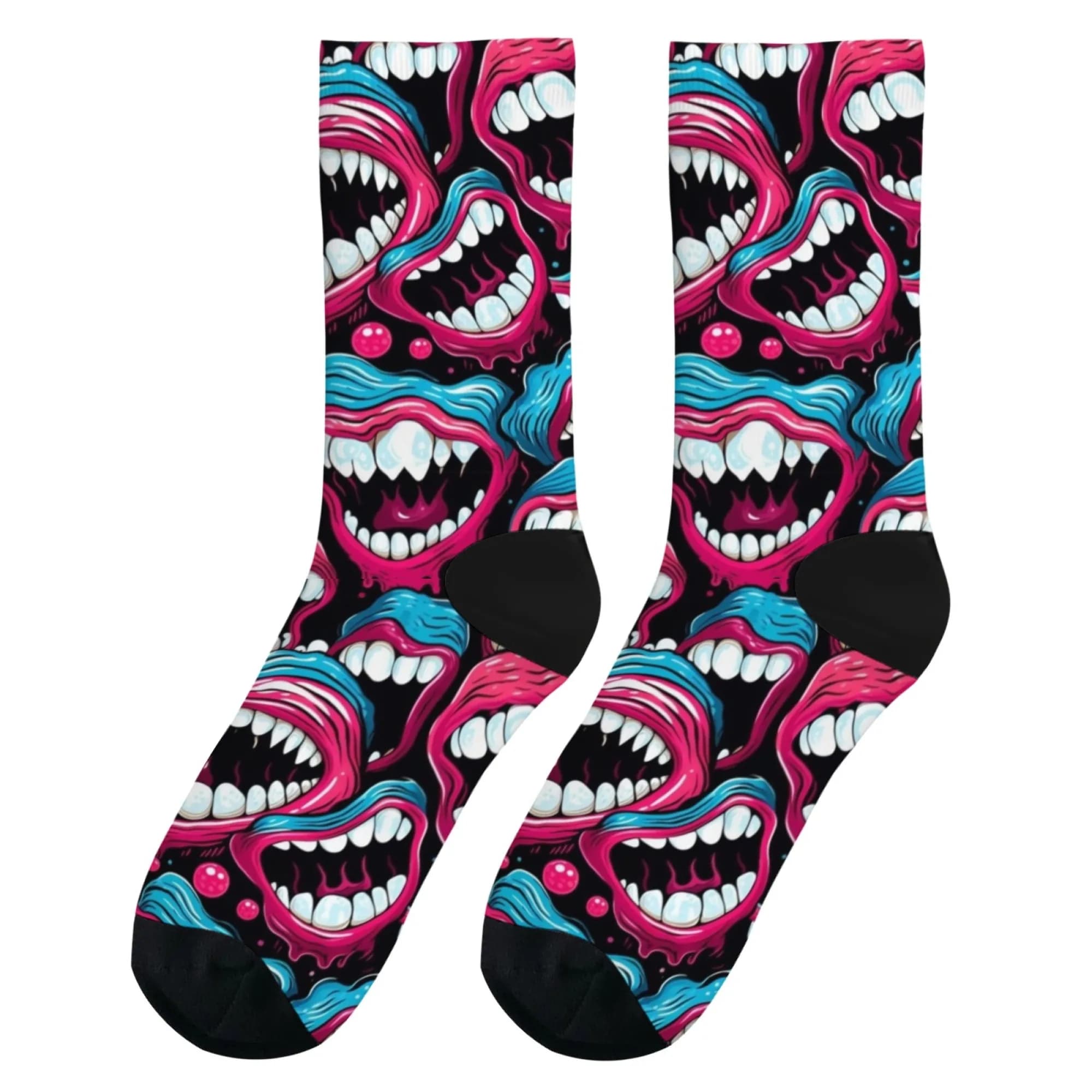 Calzini Neo-Pop Monster Crew, stampa di zanne rosa-blu Campy Neon, streetwear giocamente raccapricciante per festival Aficionados e fan della cultura
