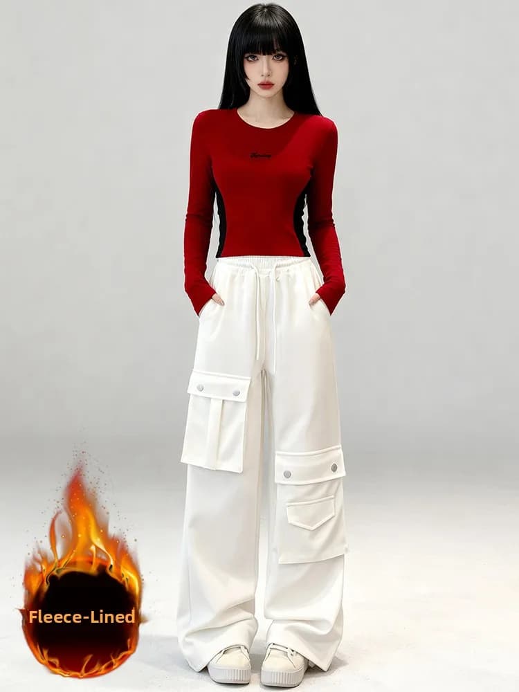 Winter Sportswear Set Women's Slim Fit Long Sleeve T-Shirt Wide Leg Workwear Pants Two Piece Set Comfortable High Waist