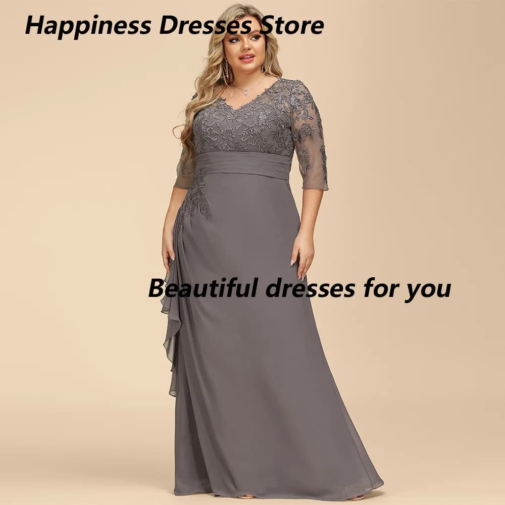 Abito grigio per la madre della sposa con scollo a V maniche a 3/4 con applicazioni di perline in chiffon A Line Abito da cerimonia per invitati Abiti da sera personalizzati