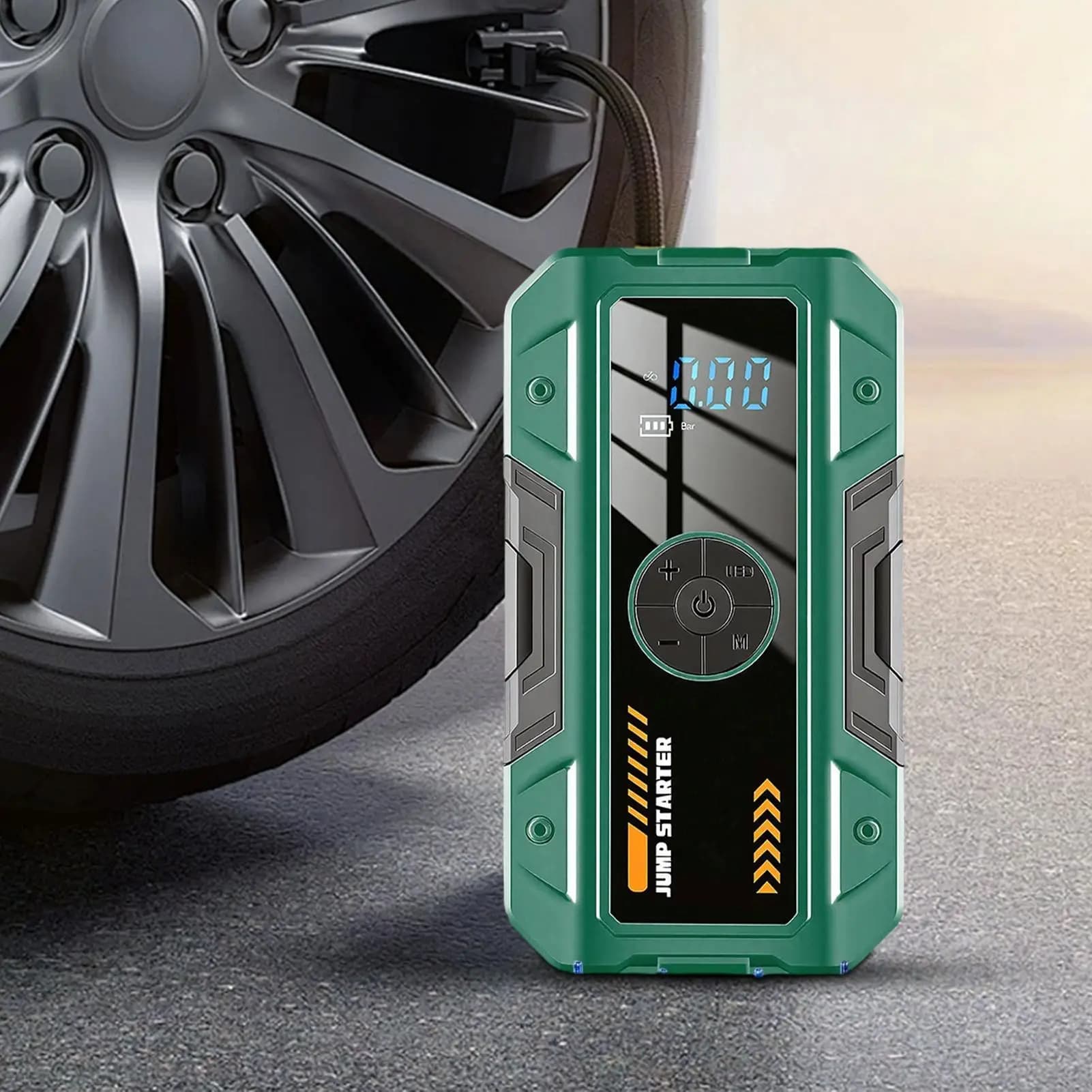 Emergency Starter for Cars with Light, Air Compressor Rechargeable, Vehicle Starting Kit, Bike, Pneumatics, Travel and Road Trips