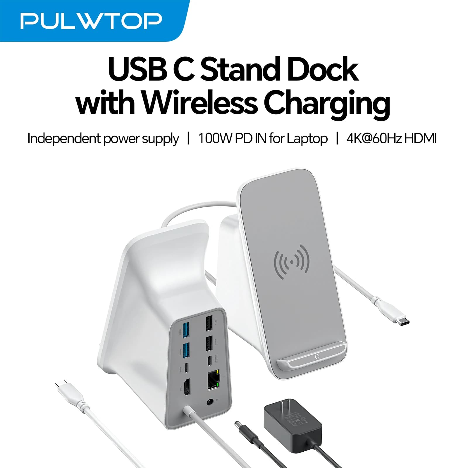 PULWTOP Docking Station per Laptop, Base di Ricarica Wireless 10W Max, Display HDMI 4K@60Hz, 5 Porte USB PD100W RJ45, 36W DC