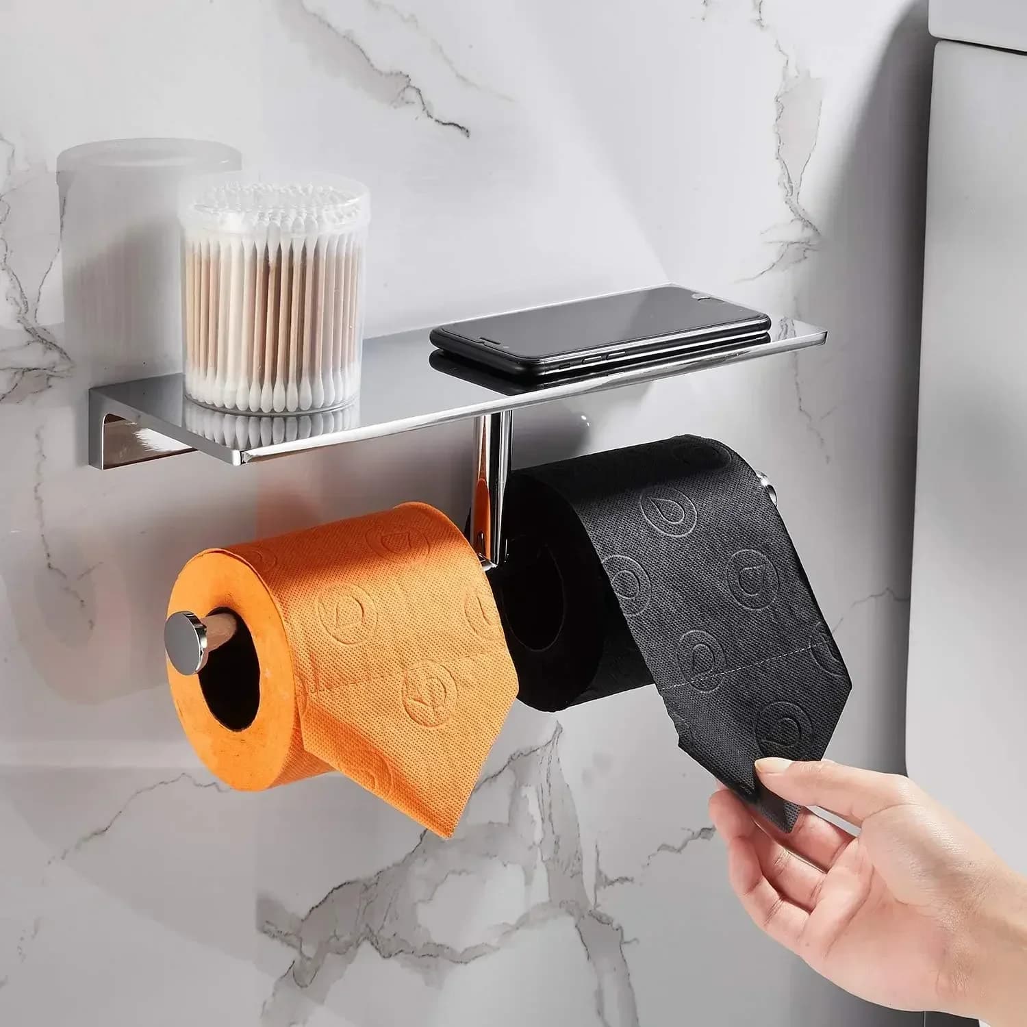 Promozione - Portarotolo Doppio per Carta Igienica con Mensola in Ottone Massiccio e Dispenser di Fazzoletti Stile Hotel di Lusso con Spazio per Oggetti, Finitura Lucida