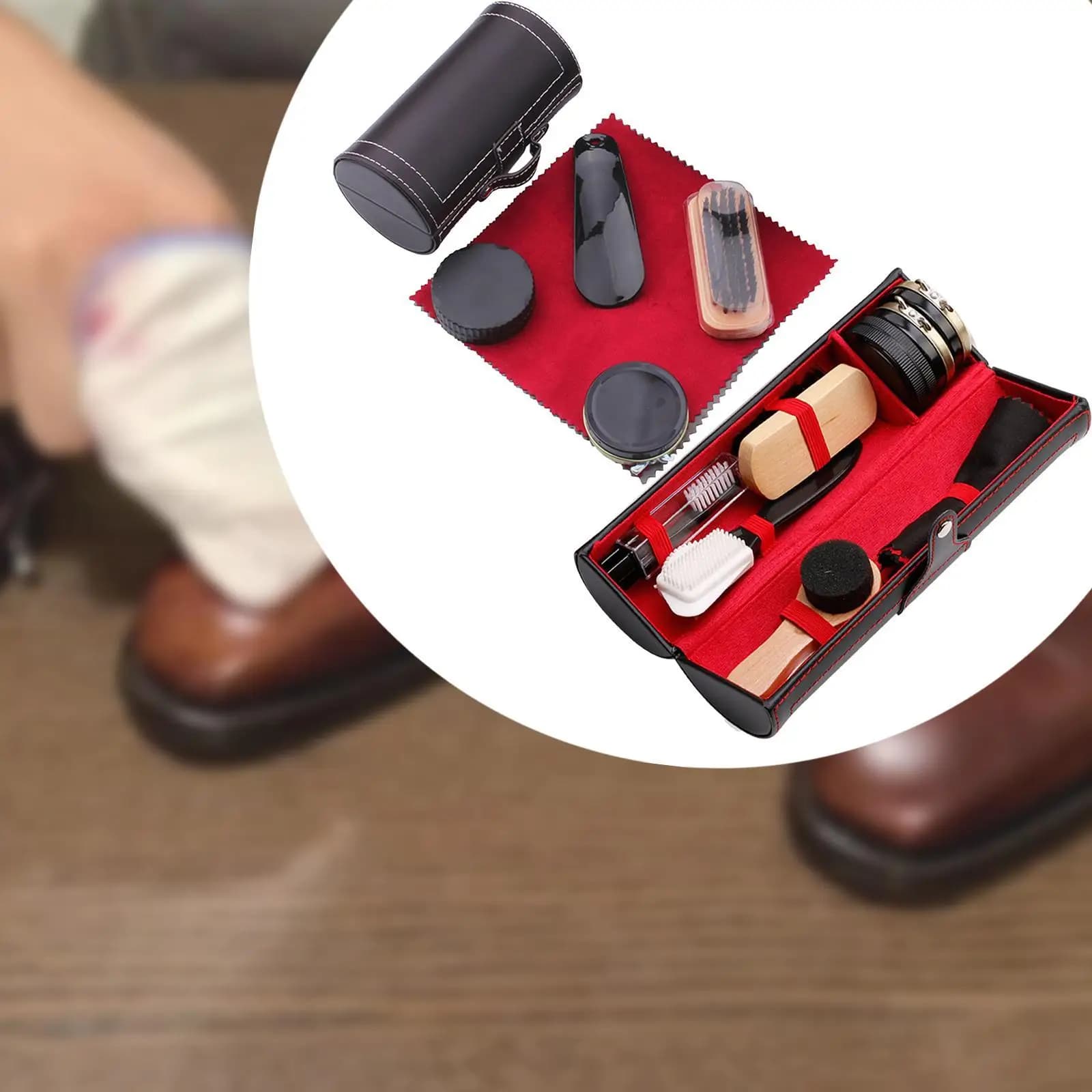 Kit per la cura delle scarpe Kit per la pulizia delle scarpe da viaggio portatile con spazzole per scarpe Calzascarpe Panno per lucidatura Strumento per lucidare le scarpe in pelle