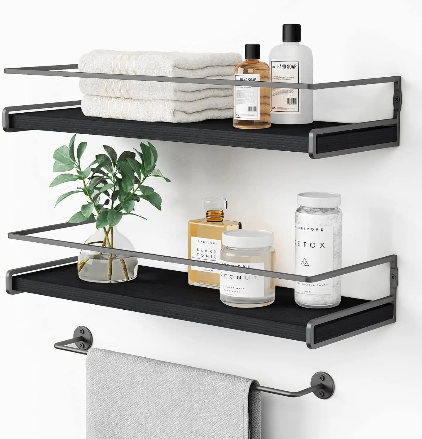 Set di 2 Mensole Galleggianti Nere per Bagno, Kit Porta Spezie da Parete, Mensole Moderne in Legno da Appendere per Camera da Letto
